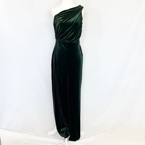 Express Velvet One Shoulder Ruched Wide Leg Jumpsuit Dark Green XSMALL